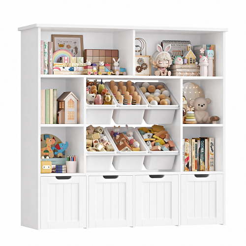 Hiphuta Large 4 Tier Kids Bookcase, White Toy Storage with Bookshelf, 6 Bins, 4 Removable Drawers