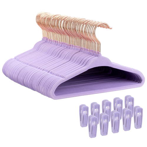 Baby Velvet Hangers 50 Pack - 11 Inch Non Slip Felt Kids Hanger for Infant Clothes - Ultra Thin Baby Felt Hangers for Toddler Kids' Closet with 10 Hanger Clips - Purple