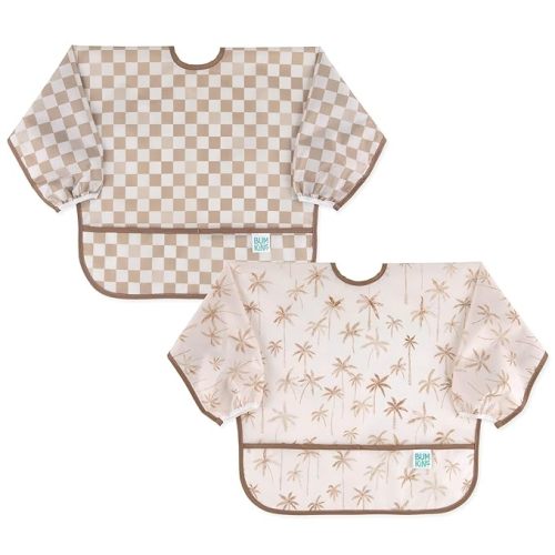 Bumkins - Sleeved Bib - For Boys & Girls, Babies & Toddlers 6-24 Months - Lightweight, Durable, Waterproof - Long Sleeve Bib - Catch-All Pocket - Wipeable & Machine Washable - Checks & Palms - 2 Pack