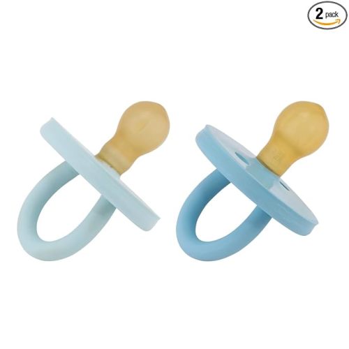 HEVEA Natural Rubber BumiBébé Pacifiers - 3-36 Months - Round Teat Shape - Two-Pack - Sky Blue & Denim