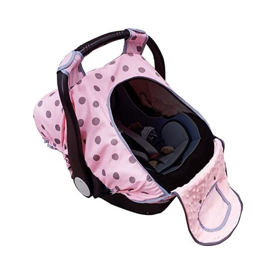 Carseat Cover Girls, Baby car seat Covers for Infant car seat, Baby Carrier Cover Canopy, Window in Door Zipper Open, 2 Layers, Pink dots;