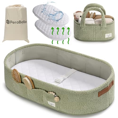 Baby Changing Basket for Dresser Top, Baby Moses Basket for Newborn, Portable Diaper Changing Pad Table Topper for Dresser, Includes Diaper Caddy Organizer with Handle, Moses Bassinet Mat | Plush Exterior