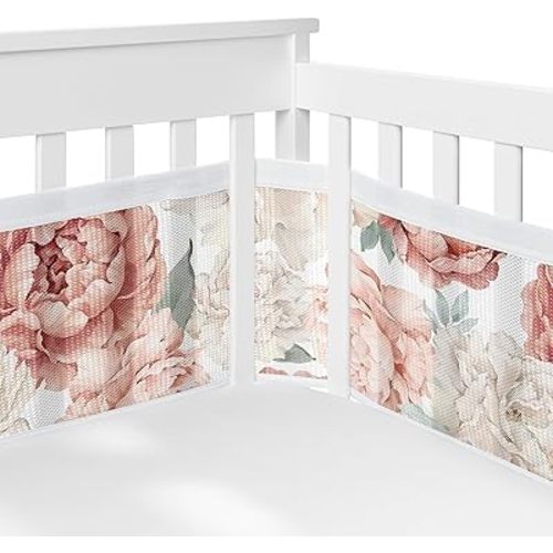 Sweet Jojo Designs + BreathableBaby 2-Piece Breathable Mesh Crib Liner Set (Blush Pink Boho Shabby Chic Floral) for Girls, Baby, Infants/Newborn Nursery (Bohemian, Vintage, Garden, Watercolor, Rose)