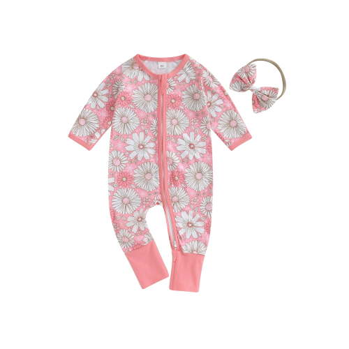 nvzhuang Baby Girls Rompers Infant Christmas Flower Print Zipper Long Sleeve Bodysuit with Headband Newborn Jumpsuits for Winter