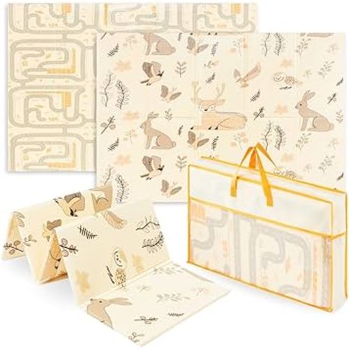 Baby Floor Play Mat Foldable 70.9" x 47.2" x 0.4", Non-Slip Waterproof Foam Play Mat for Kids, Toddlers and Babies, Reversible Design - Forest and City Streets Theme, Easy Storage and Travel