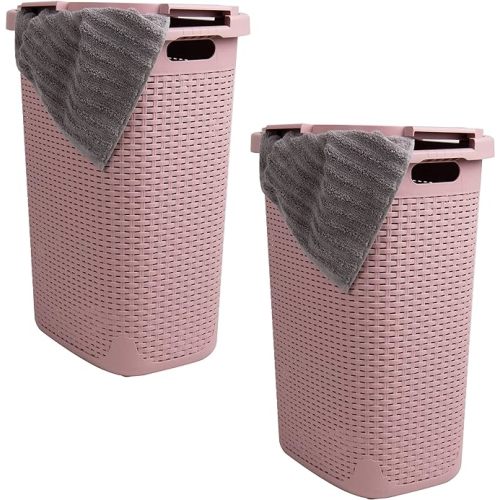 Mind Reader Slim Laundry Hamper with Lid, 60L Clothes Baskets, Premium Wicker Design, Plastic, 2-Pack, Pink