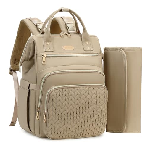 AIJIEKE Large Diaper Bag Backpack, Extra Wide Travel Diaper Bag, Khaki | Multi-functional waterproof maternity bag. Changing pad, stroller straps, insulated wet/dry pocket. Mom, dad, toddler travel