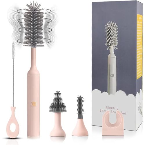 Electric Cleaning Brush with USB Rechargeable Electric Bottle Brush Cleaner and 3 Replaceable Silicone Bottle Brushes and Straw Cleaner Brush,Perfect Baby Gifts and Kitchen Brushes(Pink)