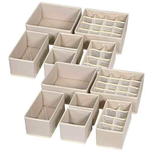 TENABORT 12 Pack Foldable Drawer Organizer Dividers Cloth Storage Box Closet Dresser Organizer Cube Fabric Containers Basket Bins for Underwear Bras Socks Panties Lingeries Nursery Baby Clothes Beige