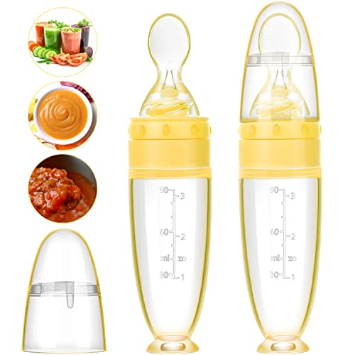 Nuanchu 2 Pcs Baby Spoon with Bottle Squeeze Feeder Silicone Infant,Yellow | Standing Base Supports Self Feeding, Soft Spoon Head Safe for Babies 0-24 Months, Dispensing Control, Portable Travel Use