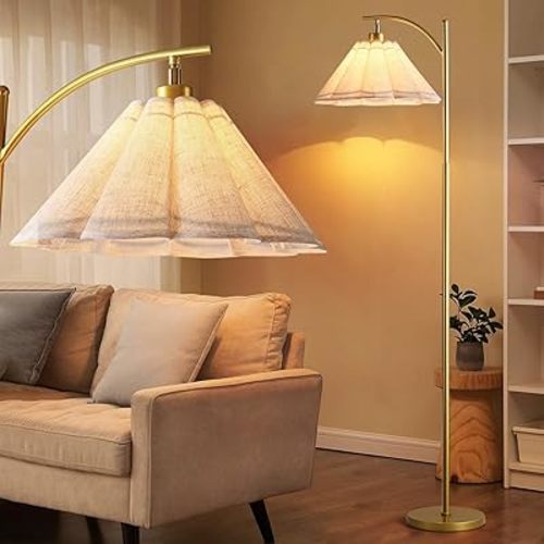 Modern Floor Lamp with Pleated Linen Lampshade, Fabric Flower Floor Lamp with 2700K Bulb for Living Room, Gold Vintage Standing Lamp for Bedroom Office Dining Room