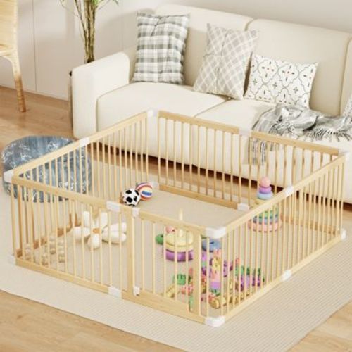 APRILSOUL Large Wooden Baby Playpen, Adjustable Gate for Toddler and Babies, Sturdy Fence Baby Play Yard with Door