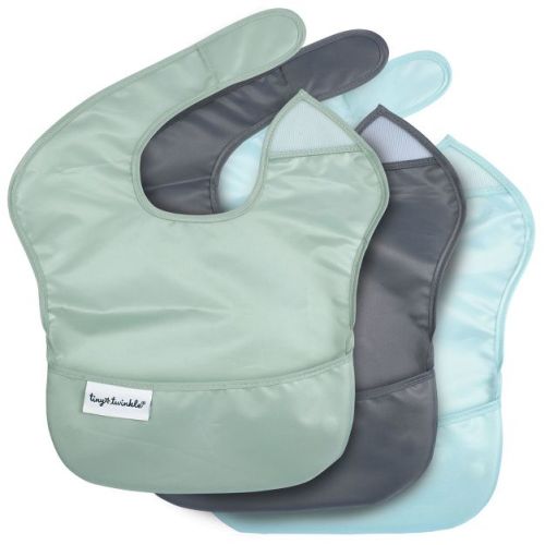 Tiny Twinkle Mess-Proof and Waterproof Baby Food Bib for Boys or Girls, Machine Washable and BPA-Free w/Adjustable Closure (3-Pack, Sage, Charcoal)