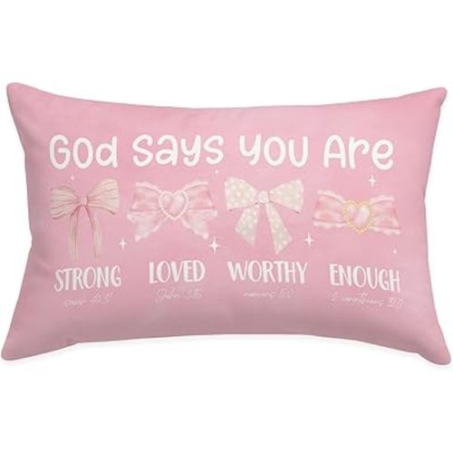 Wheatwin Cute Pink Christian Throw Pillow Cover 12x20, Inspirational Bow Decor for Girls Room Dorm, Christian Pillow Cover Gift for Girls Kids Women, Bible Verse Pink Bows Affirmations Gifts