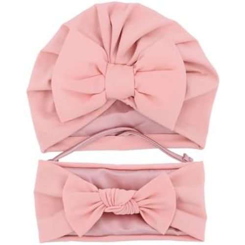 Jomila Bundle of Bonnet and Headband for Baby Newborn Silk Satin Lined Beanie Toddler Infant Girls Adjustable Hat 0-6 Months