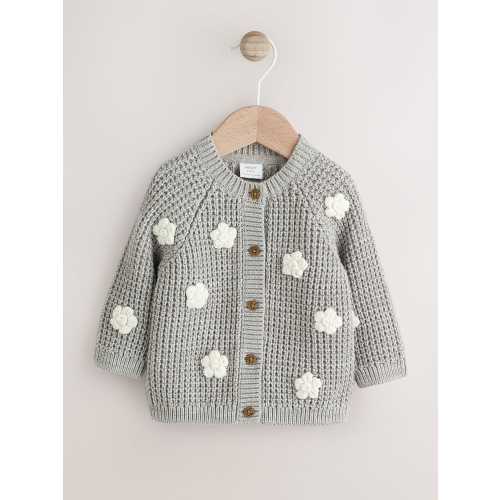 Grey Crochet Flowers Baby Knitted Cardigan (0mths-3yrs)