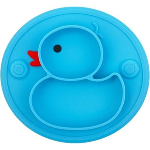 Baby Divided Plate Silicone- Portable Non Slip Child Feeding Plate with Suction Cup for Children Babies and Kids BPA Free Baby Dinner Plate Microwave Dishwasher Safe … (Duck-Blue)