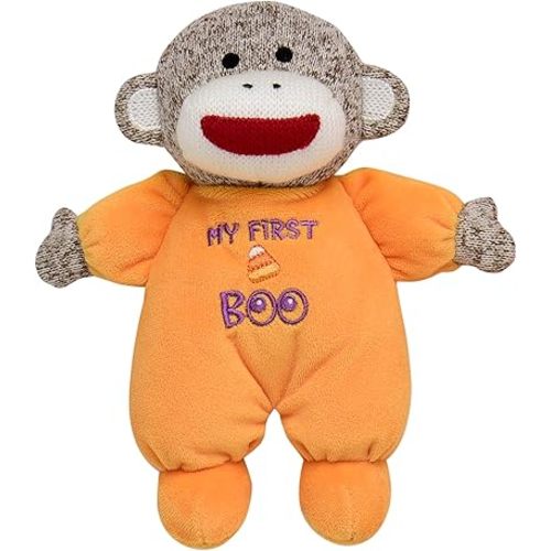Baby Starters Sock Monkey Halloween 9 inch Plush Rattle with Embroidery (My First Boo, Orange)
