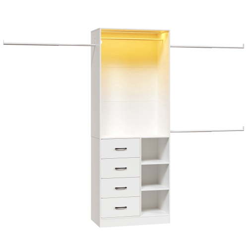 HOOBRO 9FT Closet System with Extendable Rods, LED Light, 4 Drawers & Open Shelves, White