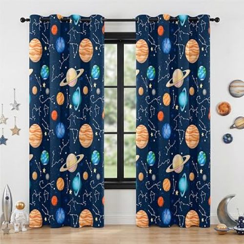 Kids Space Constellation Planets Blackout Curtains - 100% Blackout, 2 Panels, EachW52×L84, Thermal Insulated, Noise Reducing, Perfect for Kids Room and Nursery, Solar System Design