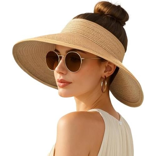 Women's Sun Visor Hats Wide Brim Straw Beach Hat Ponytail Hats for Women Foldable Floppy