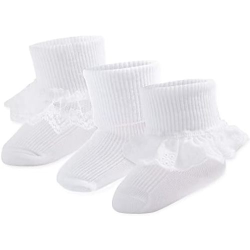 Baby Girl Socks Eyelet Triple Lace Ruffle Socks Turn Cuff Socks 2/3/5 Pairs Ankle Dress Sock for Newborn Infant Toddler