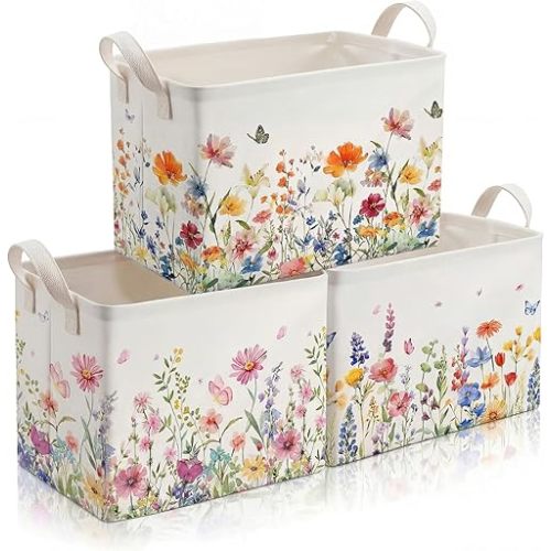 3 Pcs Wildflower Floral Storage Baskets for Gifts Empty Collapsible Watercolor Flowers Large Storage Bins Rectangle Clothes Butterfly Shelf Laundry Basket Organizer for Boho Nursery Home