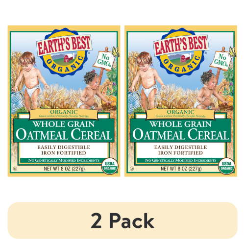 (2 pack) Earth's Best Organic Whole Grain Oatmeal Baby Infant Cereal 4+ Months, Clean Label , Non-GMO, Iron Fortified, 8 oz Box