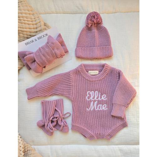 personalize embroider lavender baby girl chunky knit romper coming home photo announcement first outfit custom sweater name booties bow set