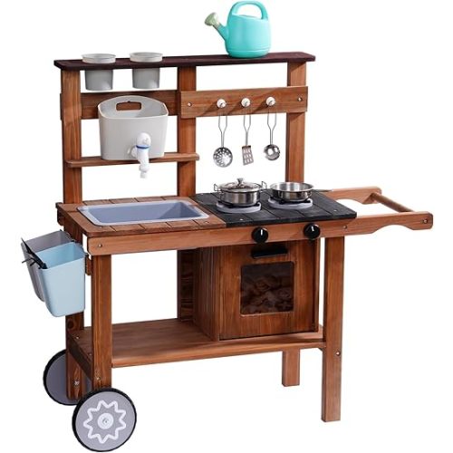 ROBOTIME Mud Kitchen for Kids Outdoor with Wheels, Fun Wooden Kid Kitchen Playset for Backyard Pretend Cooking, Outdoor Sink & Storage, Role Play Toy for Boys and Girls Ages 3+