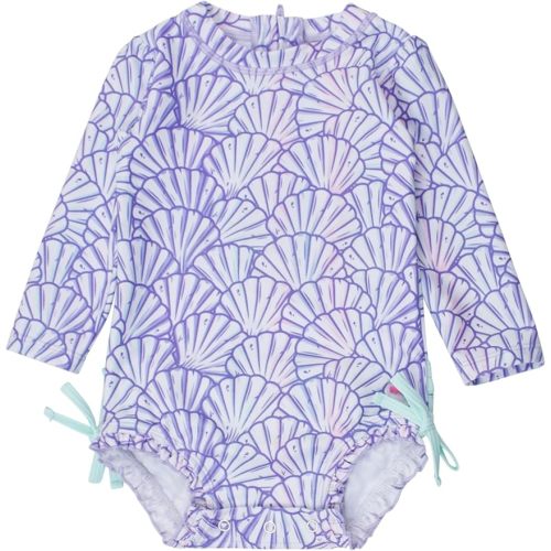 RuffleButts Baby Girls UPF 50+ Sun Protection Floral Printed Long Sleeve One Piece Rash Guard Swimsuit with Zipper