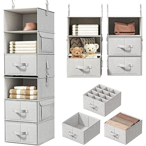 Vailando 6-Shelf Hanging Closet Organizer with 3 Drawers, 2 Separable 3-Shelf Closet Organizers and Storage for Wardrobe Organization, Hanging Dresser for Nursury & Dorm Clothes Organizer
