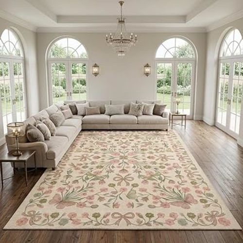 9x12 Pink and Green Vintage Floral Butterfly Bow Living Room Rug