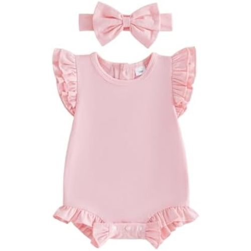 Newborn Baby Girl Summer Outfit Solid Ruffle Bubble Romper Shirt Flutter Sleeve Bodysuit Headband Clothes