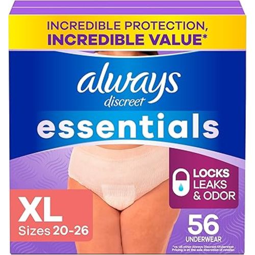 Always Discreet Essentials Adult Diapers for Women, Postpartum Essentials, Disposable Briefs, Unscented Incontinence Underwear Bladder Leak Protection, Size XL, 56 Count