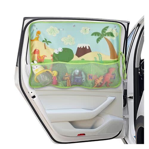 Car Window Shade for Baby, Blackout Car Window Curtain with Storage Pockets & 7 Suction Cups, Cartoon Pattern Cars Side Window Sun Shade Cover for Sun/Heat/UV Rays Protection (Green-Dinosaurs)
