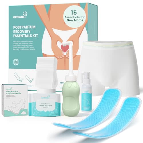 Grownsy 15pc Postpartum Essentials Recovery Kit | Postpartum Kit for Women | Includes 5 Postpartum Pads, 5 Disposable Underwear, 2 Ice Packs, Peri Bottle, Perineal Spray & 28 Cooling Pad Liners