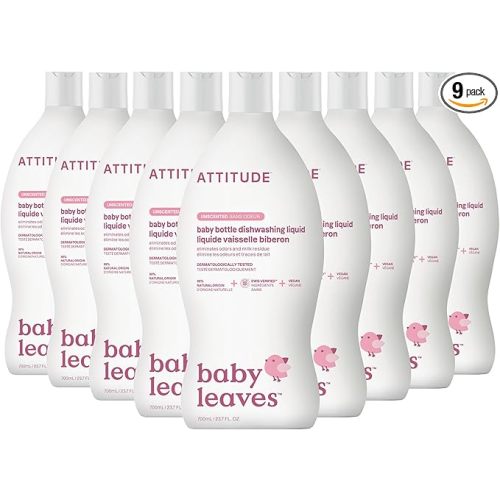 ATTITUDE Baby Bottle & Dish Soap, EWG Verified Bottle Cleaner, Fragrance Free & Dye Free, Removes Milk Residue & Grease, Vegan, Unscented, 23.7 Fl Oz (Pack of 9)