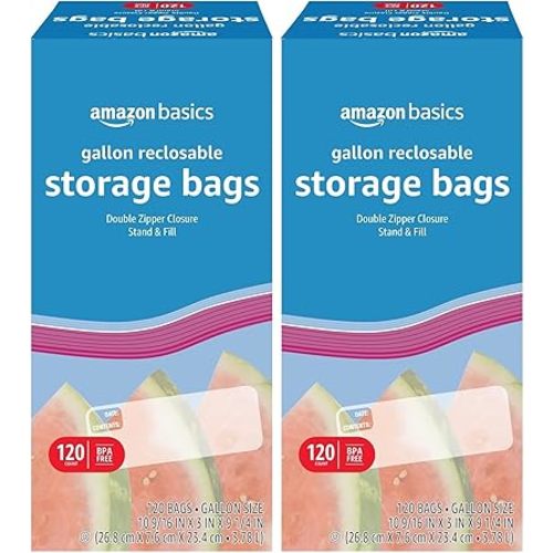 Amazon Basics Reclosable Gallon Food Storage Bags | Stand & Fill Base | 120 Count | Pack of 2