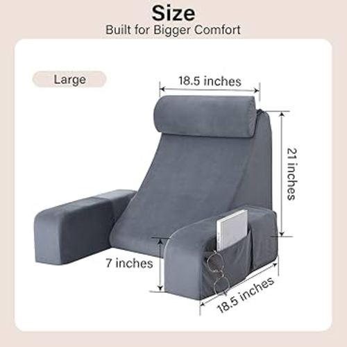 ENITYA Reading Pillow with Arms for Bed Support, 21" Large Back Support Pillow for Sitting up, Wedge Pillow for Reclining, Watching TV, Reading, Gaming, Resting in Bed, Couch or Floor, Grey