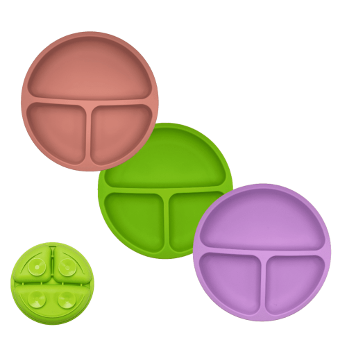 USA Baby Plates, Toddler Plates with Strong Suctions, 100% Silicone, Divided Design with Lids, Perfect for Picky Eaters, 3 Pack