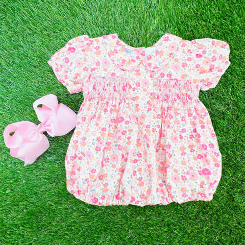 Smocked Charlotte Bubble Romper- Marigold Liberty Print – Pleats and Stitches