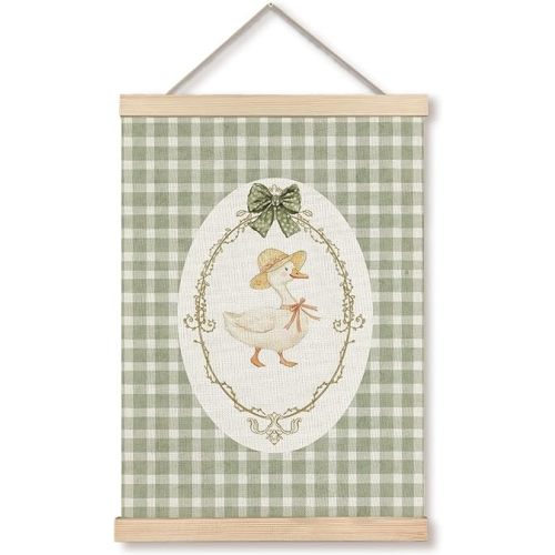 GDJIEGBC Coquette Sage Green Plaid Duck Nursery Wall Art Decor, Farm Nursery Decor, Retro Farm Animal Duck Green Checkered Gingham Poster Hanging Wall Decoration for Kids Girls Room, 12x16 Inches