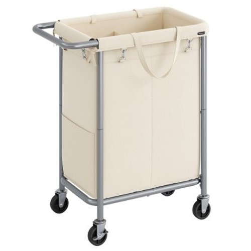 Laundry Basket with Wheels, 2-Section Rolling Laundry Hamper, 37 Gallons Cream White