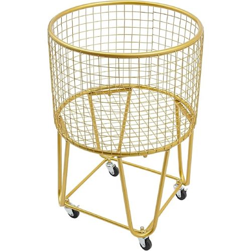 Rolling Laundry Basket Cart, Metal Laundry Hamper with Wheels, Laundry Organizer Basket Cart, Clothes Storage Organizer Hamper for Living Room,Bathroom,Closet (Gold, Round)
