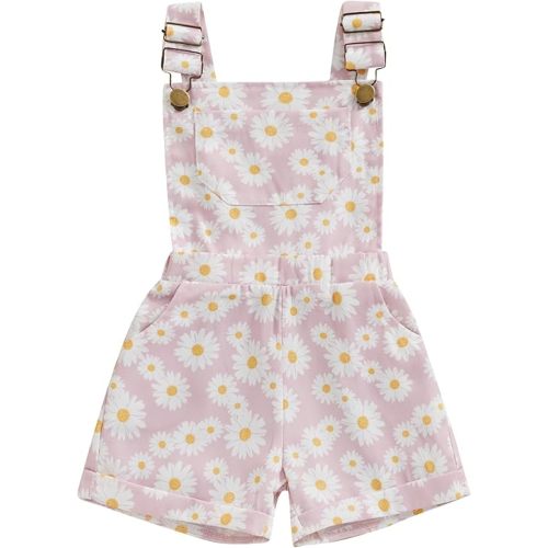 Toddler Baby Girl Sunflower Print Overalls Shorts with Pocket Suspender Trousers Cute Summer Clothing Outfit