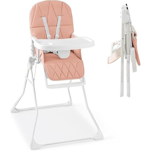 HONEY JOY High Chair, Foldable Baby Feeding Chair, Adjustable Tray & Footrest, Removable Easy-to-Clean PU Seat Cushion, 5-Point Harness, Cup Holder, Highchairs for Babies and Toddlers (Pink)
