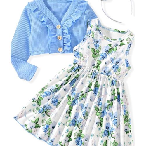 HINTINA Toddler Little Girls Dress And Cardigan Sets 2 Piece Floral Print Sleeveless Dress and Long Sleeve Cardigan Set