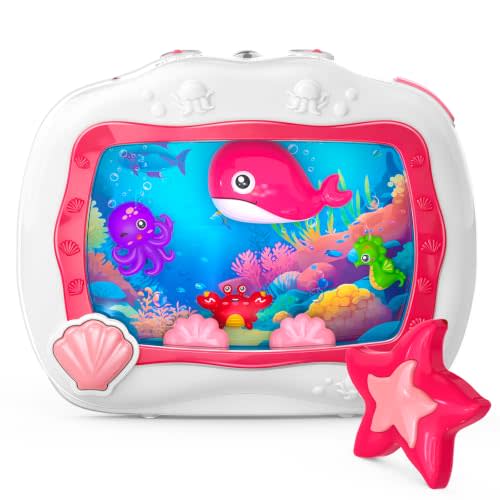 Baby Aquarium Toy Sleep Soother, Tummy Time Toys & Crib Toy, Sea Animal Sensory Musical Crib Soother for Newborn 6 Months, Dream Baby Soother with Light & Soothing Sound for Crib Car Seat Travel, Pink