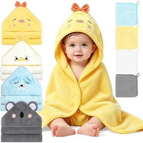 8 PCS Baby Bath Towels Set for Newborn Infants (Chick, Duck, Dog, Koala)